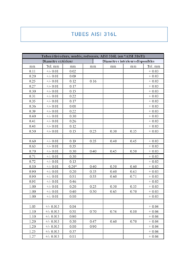 Dimensions disponibles - Tubes en AISI 316L